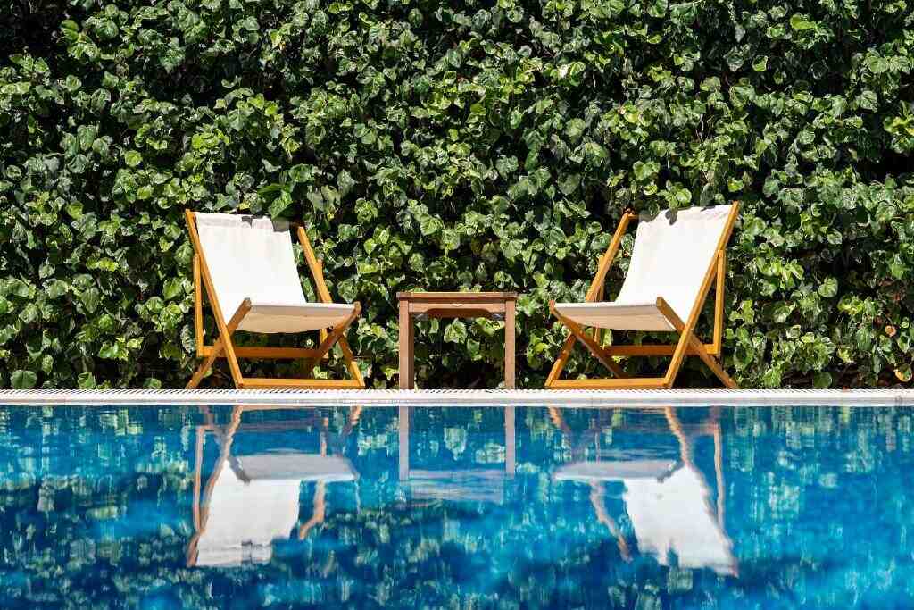 Poolside at Hotel Dubrava in Budva, with deck chairs against a wall of greenery